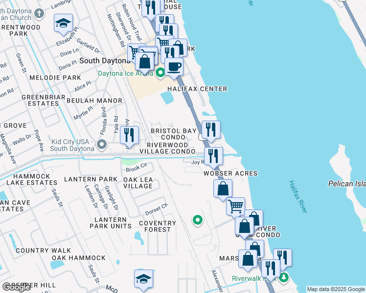 map of restaurants, bars, coffee shops, grocery stores, and more near 403 Banana Cay Drive in South Daytona