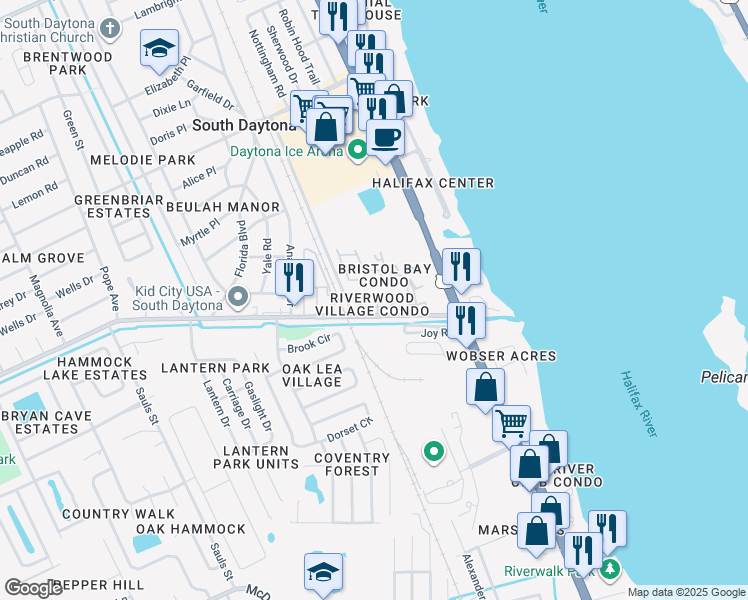 map of restaurants, bars, coffee shops, grocery stores, and more near 480 Reed Canal Road in South Daytona