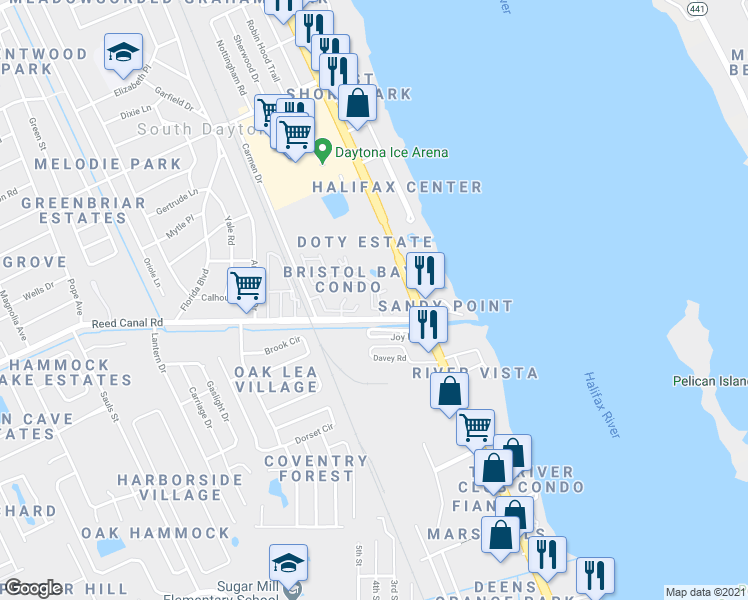 map of restaurants, bars, coffee shops, grocery stores, and more near 408 Banana Cay Drive in South Daytona