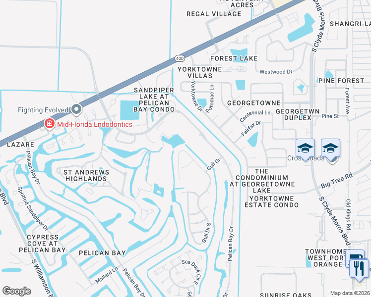 map of restaurants, bars, coffee shops, grocery stores, and more near 153 Gull Circle North in Daytona Beach