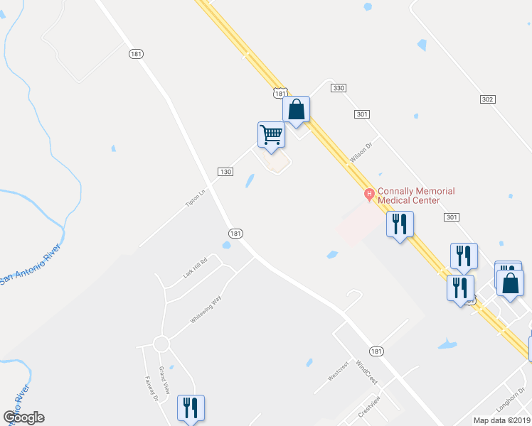 map of restaurants, bars, coffee shops, grocery stores, and more near 1268 Business Loop 181 North in Floresville
