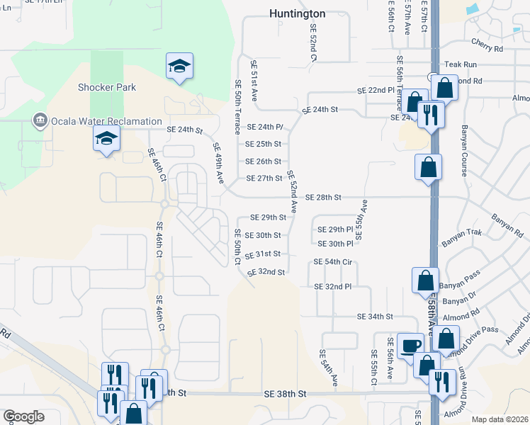 map of restaurants, bars, coffee shops, grocery stores, and more near 5111 Southeast 29th Street in Ocala
