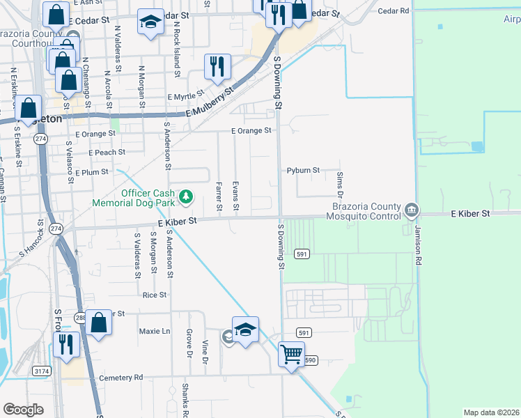 map of restaurants, bars, coffee shops, grocery stores, and more near 529 South Downing Road in Angleton
