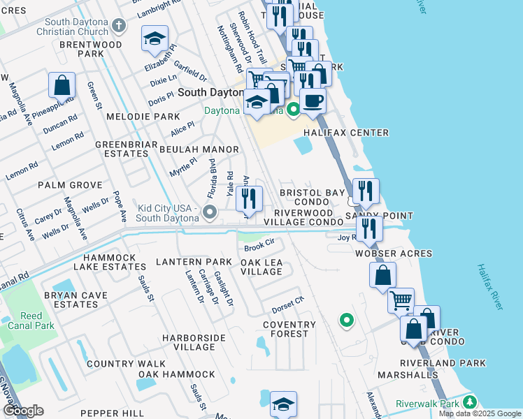 map of restaurants, bars, coffee shops, grocery stores, and more near 580 Reed Canal Road in South Daytona