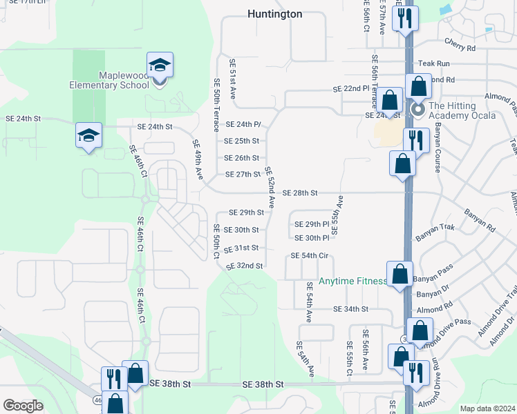 map of restaurants, bars, coffee shops, grocery stores, and more near 5100 Southeast 28th Street in Ocala
