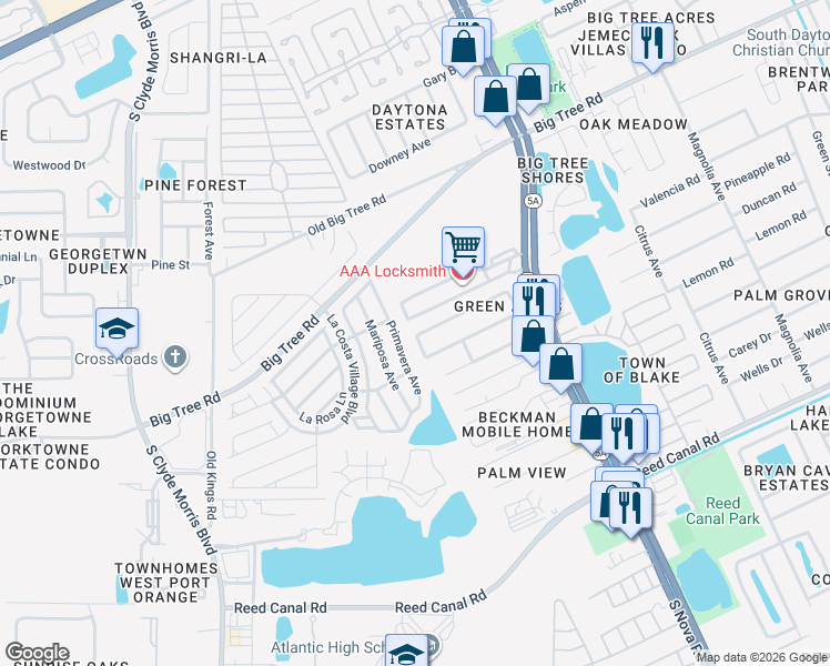map of restaurants, bars, coffee shops, grocery stores, and more near 1083 Green Acres Circle North in South Daytona