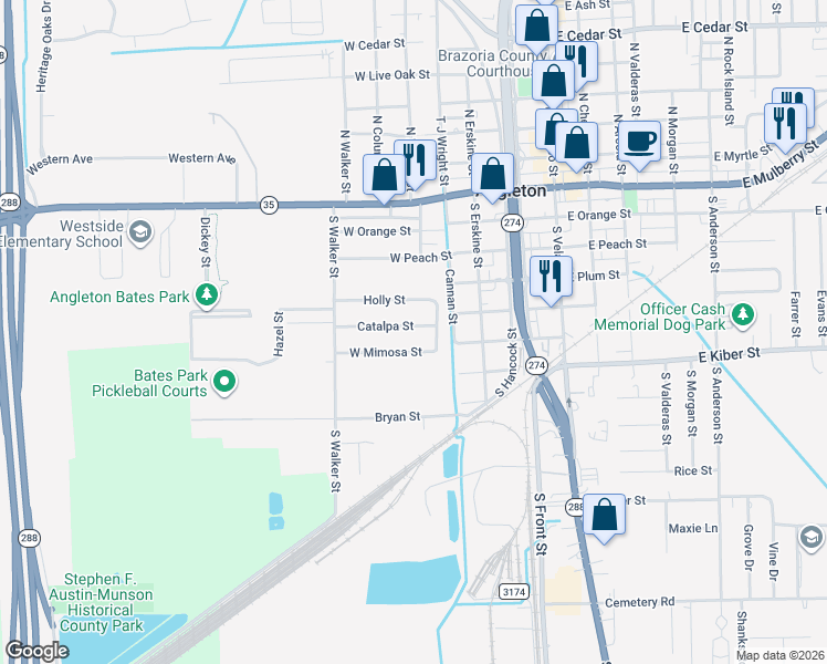 map of restaurants, bars, coffee shops, grocery stores, and more near 516 Catalpa Street in Angleton