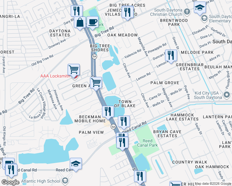 map of restaurants, bars, coffee shops, grocery stores, and more near Nectarine Street in South Daytona