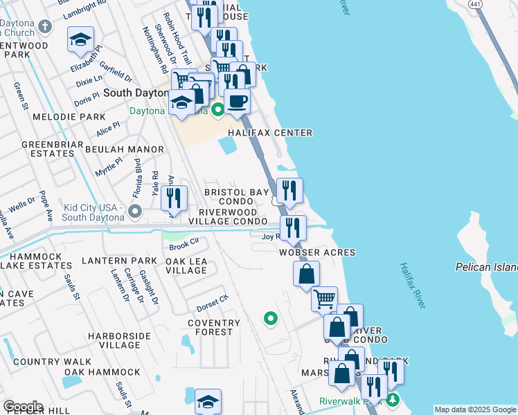 map of restaurants, bars, coffee shops, grocery stores, and more near 408 Banana Cay Drive in South Daytona