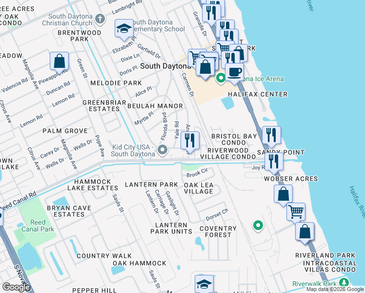 map of restaurants, bars, coffee shops, grocery stores, and more near 2632 Anastasia Drive in South Daytona