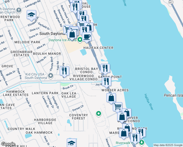 map of restaurants, bars, coffee shops, grocery stores, and more near 408 Banana Cay Drive in South Daytona