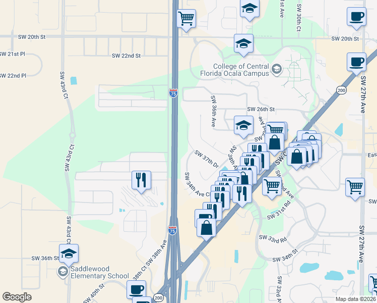map of restaurants, bars, coffee shops, grocery stores, and more near 2723 Southwest 37th Drive in Ocala