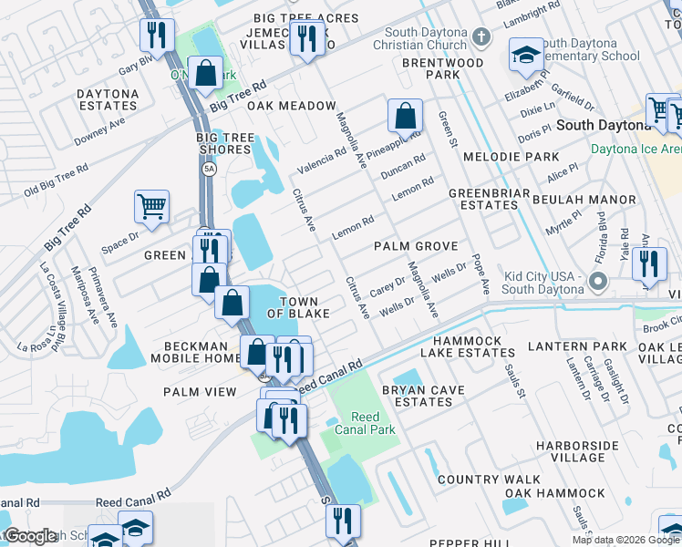 map of restaurants, bars, coffee shops, grocery stores, and more near 929 Ponderosa Drive in South Daytona