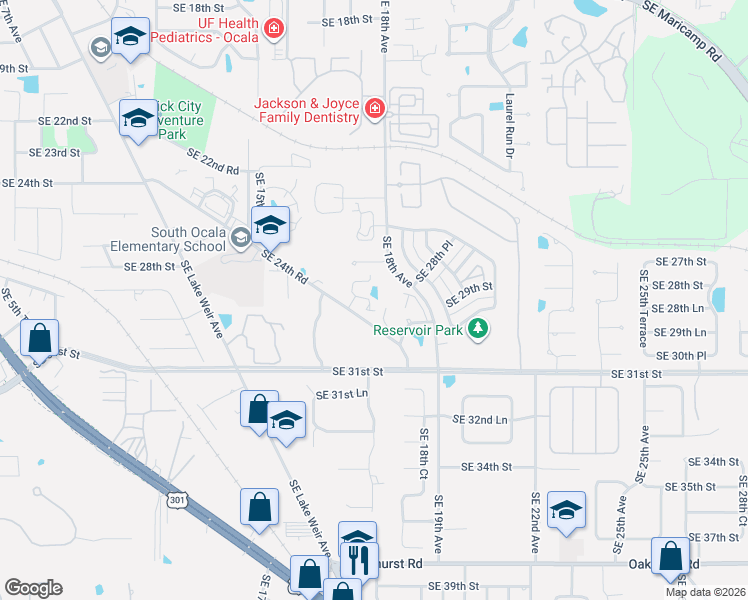 map of restaurants, bars, coffee shops, grocery stores, and more near 1701 Southeast 24th Road in Ocala