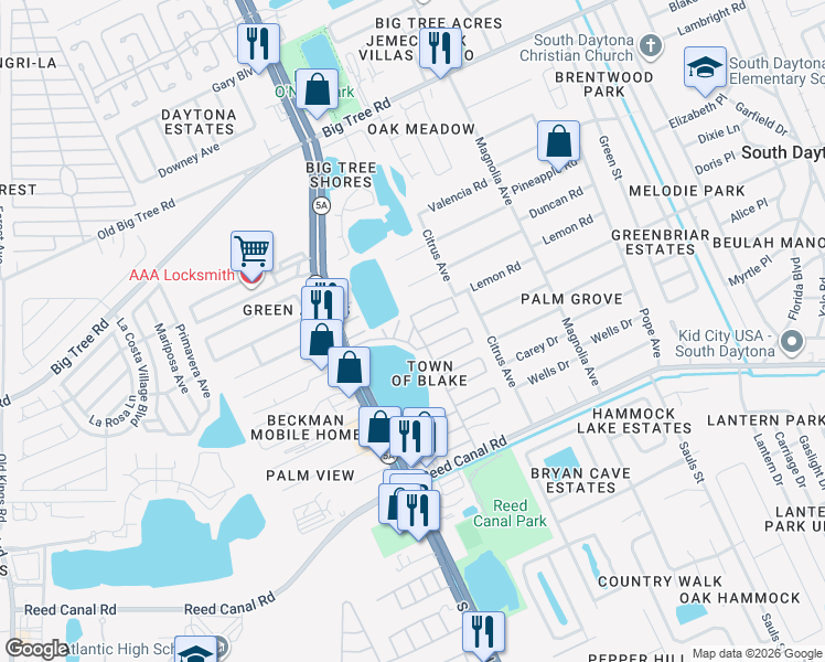 map of restaurants, bars, coffee shops, grocery stores, and more near Nectarine Street in South Daytona