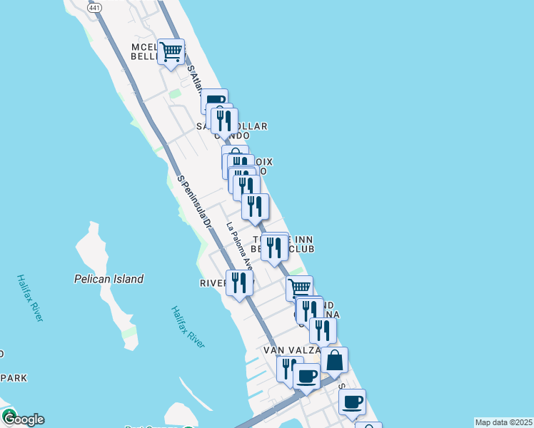 map of restaurants, bars, coffee shops, grocery stores, and more near 3209 South Atlantic Avenue in Daytona Beach