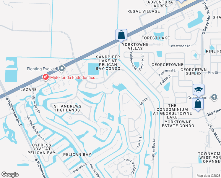 map of restaurants, bars, coffee shops, grocery stores, and more near 117 Laughing Gull Court in Daytona Beach