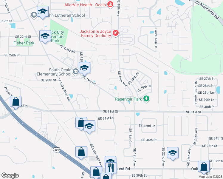 map of restaurants, bars, coffee shops, grocery stores, and more near 1701 Southeast 24th Road in Ocala