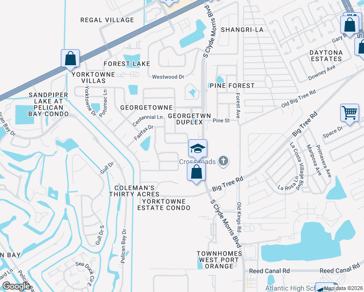 map of restaurants, bars, coffee shops, grocery stores, and more near 105 Centennial Ln in Daytona Beach