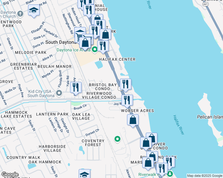 map of restaurants, bars, coffee shops, grocery stores, and more near 408 Banana Cay Drive in South Daytona