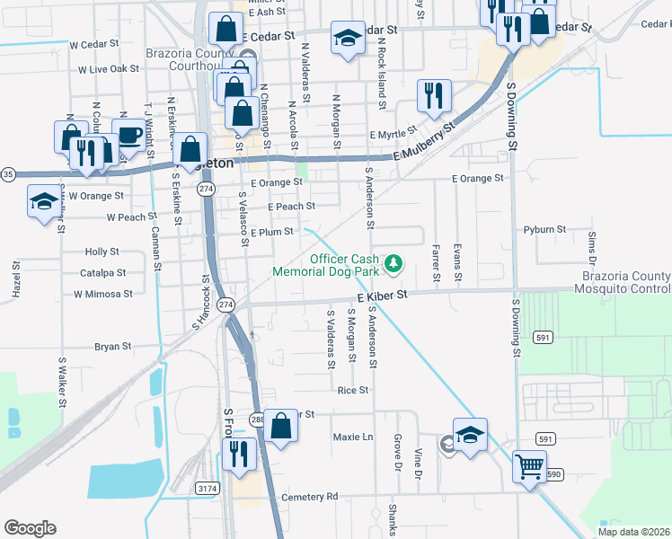 map of restaurants, bars, coffee shops, grocery stores, and more near 437 East Munson Court in Angleton