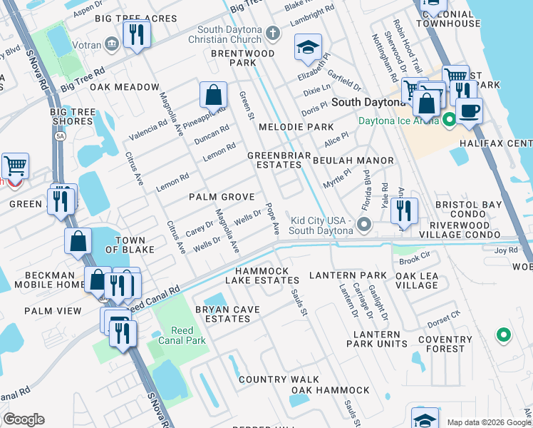 map of restaurants, bars, coffee shops, grocery stores, and more near 801 Wells Drive in South Daytona