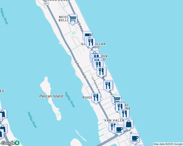 map of restaurants, bars, coffee shops, grocery stores, and more near 3175 La Paloma Avenue in Daytona Beach
