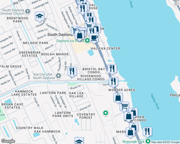 map of restaurants, bars, coffee shops, grocery stores, and more near 403A Banana Cay Drive in South Daytona