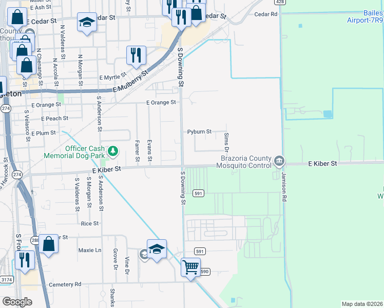 map of restaurants, bars, coffee shops, grocery stores, and more near 528 Ramona Street in Angleton