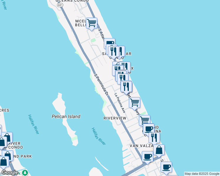 map of restaurants, bars, coffee shops, grocery stores, and more near 3175 La Paloma Avenue in Daytona Beach