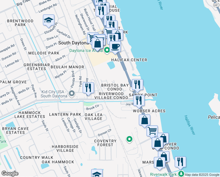 map of restaurants, bars, coffee shops, grocery stores, and more near 403A Banana Cay Drive in South Daytona