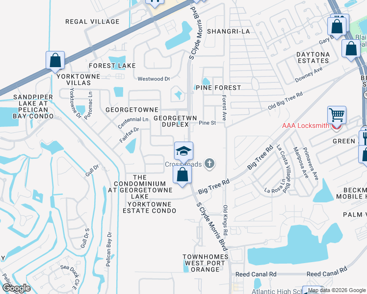 map of restaurants, bars, coffee shops, grocery stores, and more near 1830 South Clyde Morris Boulevard in Daytona Beach