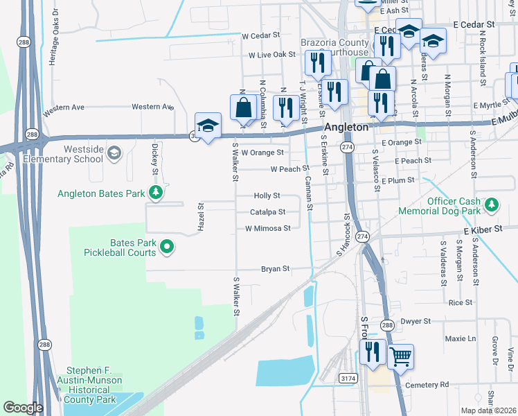 map of restaurants, bars, coffee shops, grocery stores, and more near 608 Catalpa Street in Angleton
