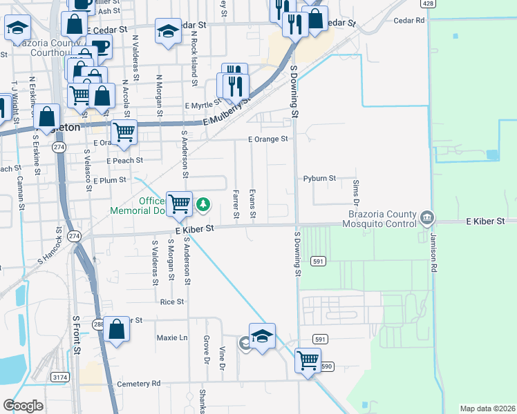 map of restaurants, bars, coffee shops, grocery stores, and more near 513 Evans St in Angleton