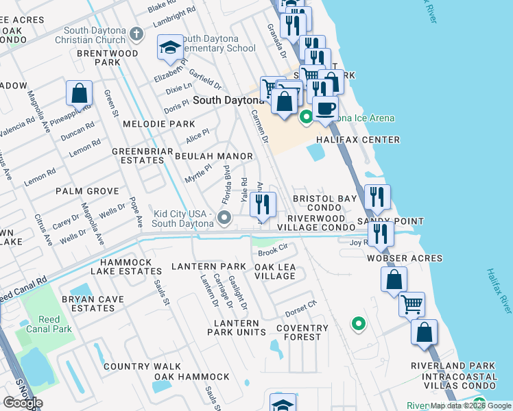 map of restaurants, bars, coffee shops, grocery stores, and more near 2632 Anastasia Drive in South Daytona