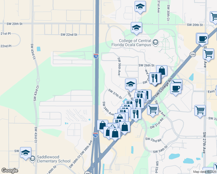 map of restaurants, bars, coffee shops, grocery stores, and more near 2723 Southwest 37th Drive in Ocala