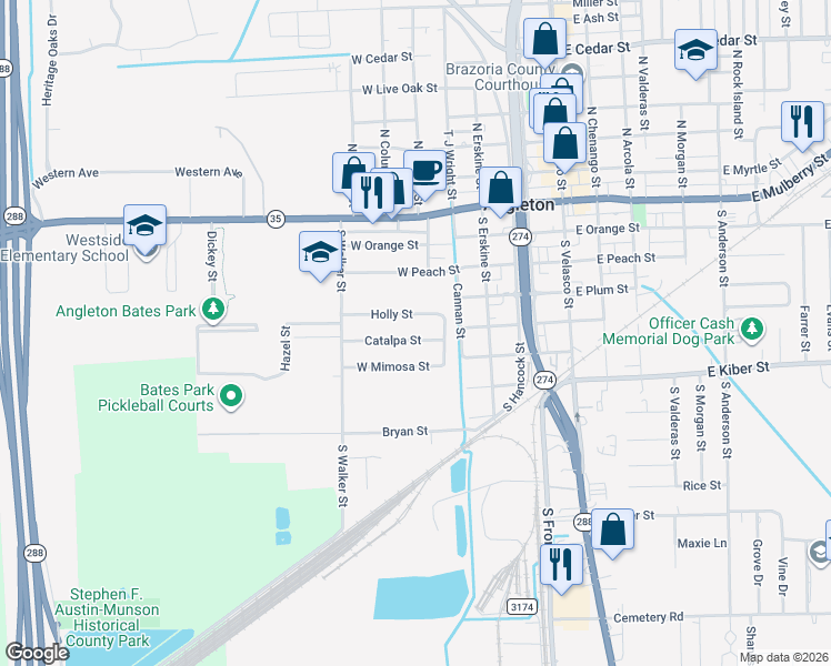 map of restaurants, bars, coffee shops, grocery stores, and more near 516 Catalpa St in Angleton