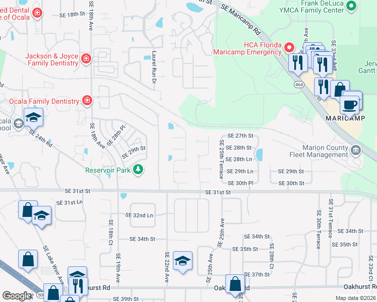map of restaurants, bars, coffee shops, grocery stores, and more near 2907 Southeast 23rd Avenue in Ocala