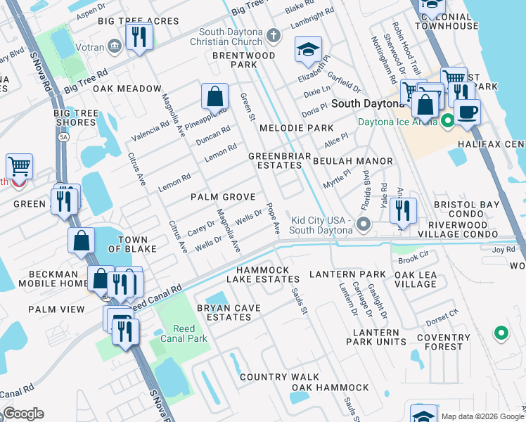 map of restaurants, bars, coffee shops, grocery stores, and more near 801 Wells Drive in South Daytona