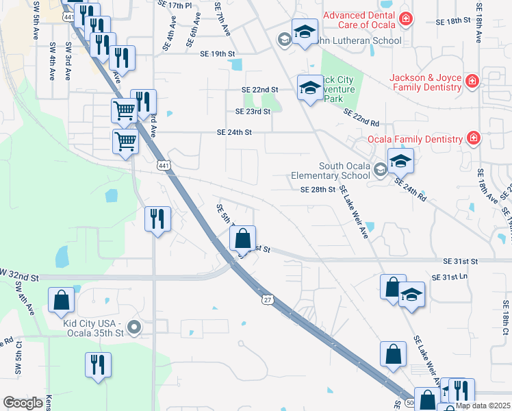 map of restaurants, bars, coffee shops, grocery stores, and more near 703 Southeast 28th Place in Ocala