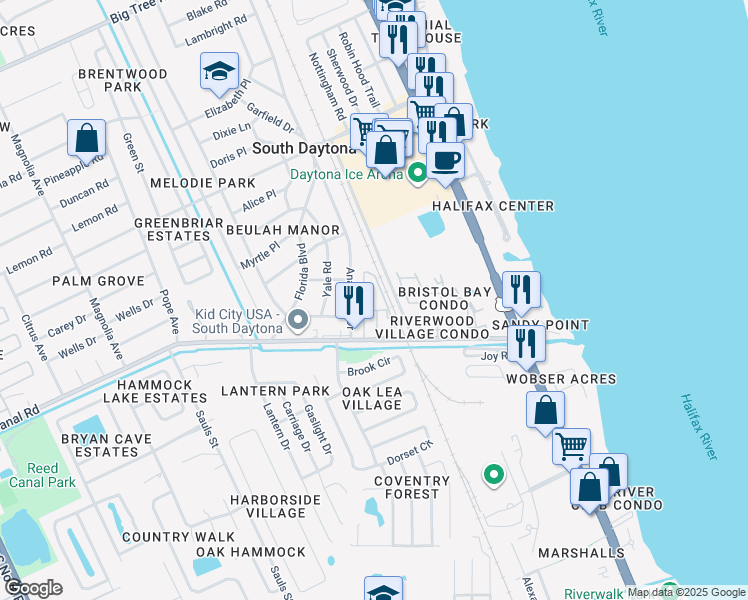 map of restaurants, bars, coffee shops, grocery stores, and more near 580 Reed Canal Road in South Daytona