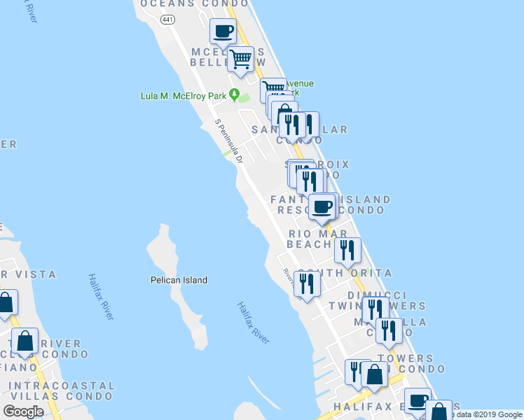map of restaurants, bars, coffee shops, grocery stores, and more near 3156 South Peninsula Drive in Daytona Beach