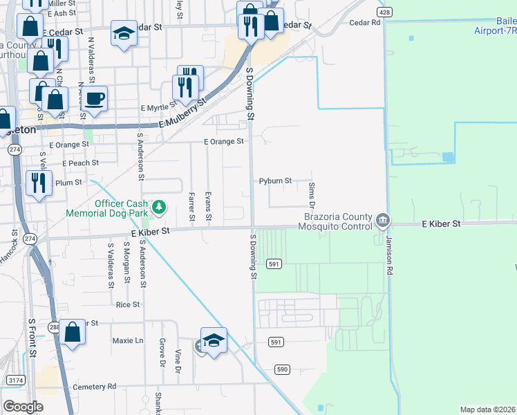map of restaurants, bars, coffee shops, grocery stores, and more near 529 South Downing Road in Angleton
