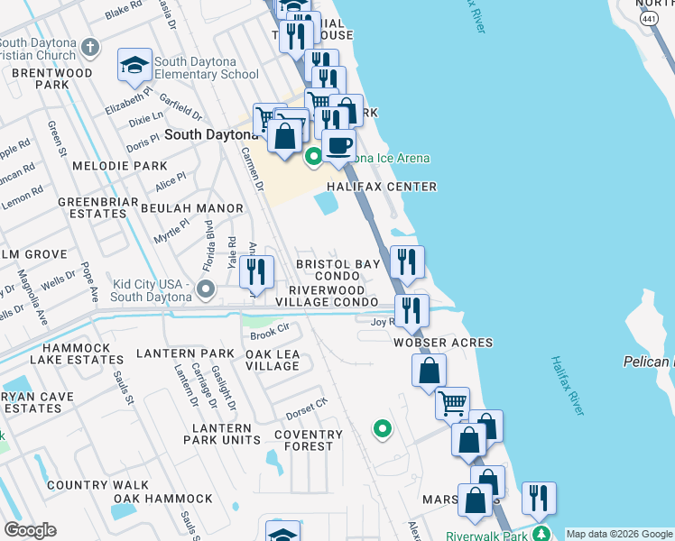 map of restaurants, bars, coffee shops, grocery stores, and more near 403A Banana Cay Drive in South Daytona