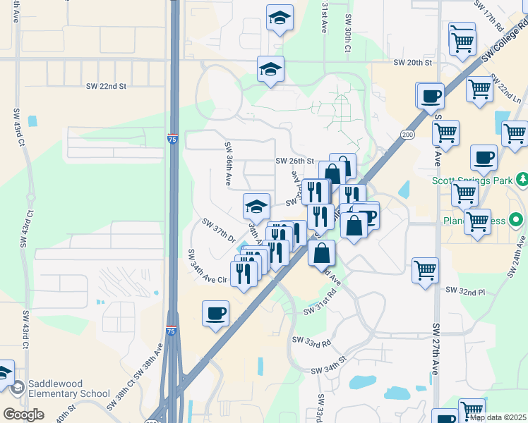 map of restaurants, bars, coffee shops, grocery stores, and more near 2807 Southwest 32nd Avenue in Ocala
