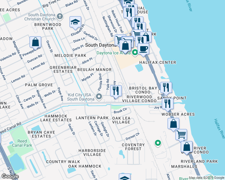 map of restaurants, bars, coffee shops, grocery stores, and more near 2624 Anastasia Drive in South Daytona