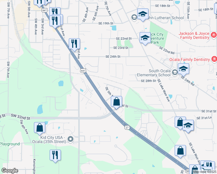 map of restaurants, bars, coffee shops, grocery stores, and more near 610 Southeast 28th Place in Ocala