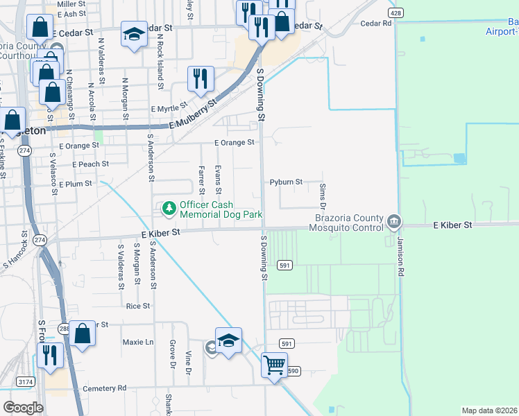 map of restaurants, bars, coffee shops, grocery stores, and more near 529 South Downing Road in Angleton