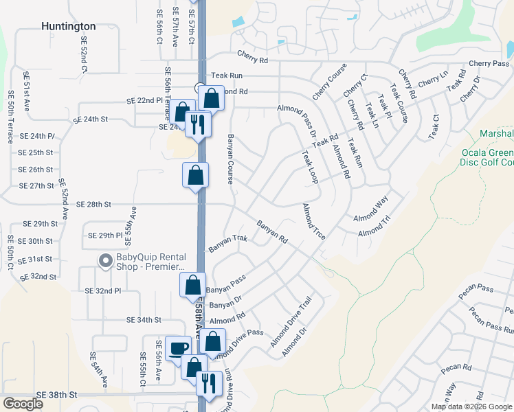 map of restaurants, bars, coffee shops, grocery stores, and more near 6 Teak Road in Ocala