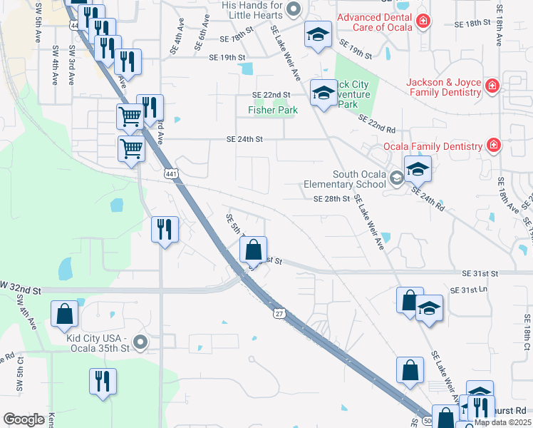 map of restaurants, bars, coffee shops, grocery stores, and more near 709 Southeast 28th Place in Ocala